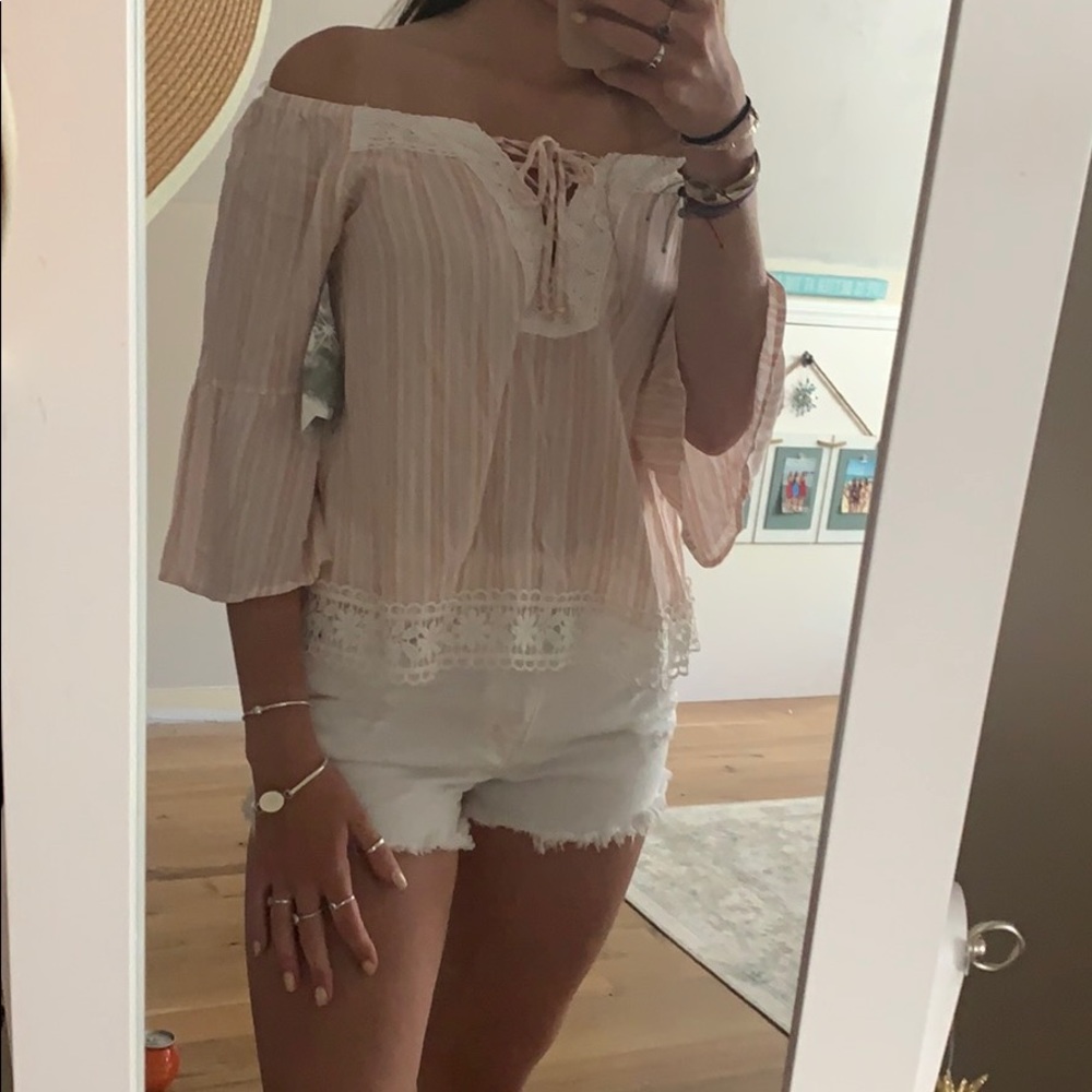 Off the shoulder Striped Top W/ Lace Detail